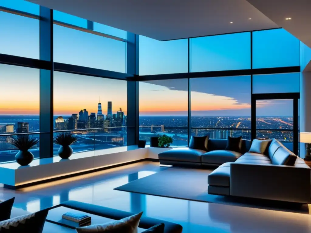 Penthouse de lujo con vistas urbanas y diseño elegante Impresionante penthouse moderno con vista a la ciudad, diseño elegante y abundante luz natural