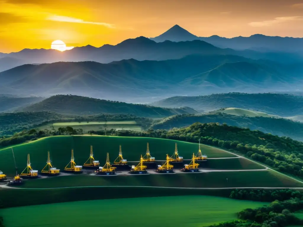 Esplendor petrolero en Colombia: atardecer dorado sobre la industria Impresionante producción petrolera en Colombia con el sol poniéndose detrás de las montañas