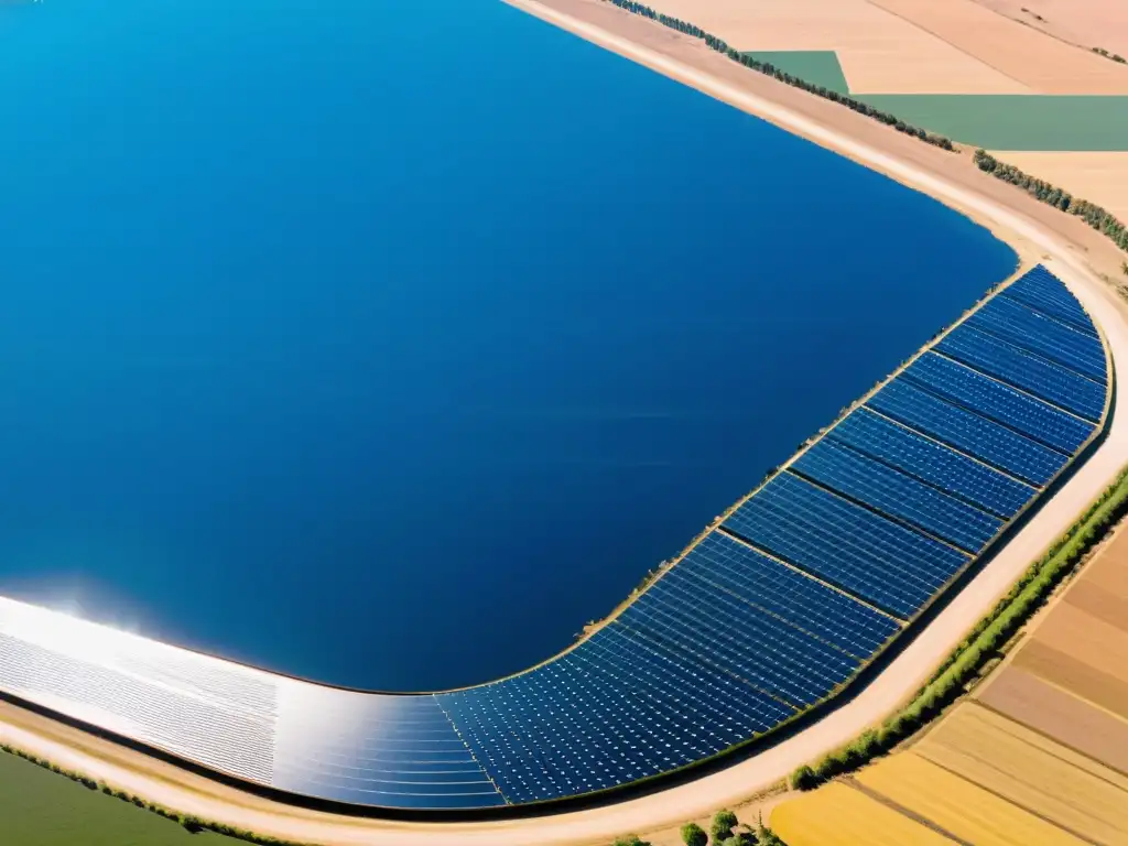Planta solar innovadora en el paisaje Una impresionante vista aérea de una moderna planta solar, con paneles fotovoltaicos brillando al sol y trabajadores en las colinas