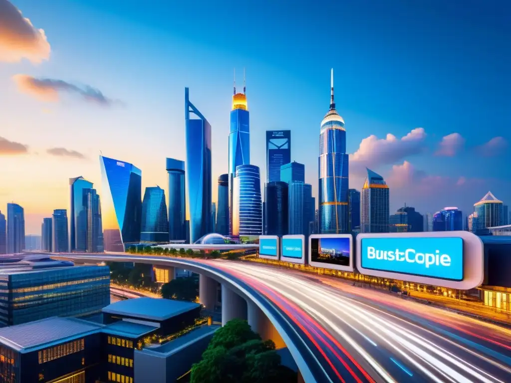 Cityscape tecnológico: innovación y dinamismo Incentivos fiscales para digitalización pymes: Una ciudad moderna y dinámica, llena de rascacielos y vallas publicitarias digitales vibrantes, refleja el potencial de crecimiento e innovación en un entorno urbano tecnológico y empresarial
