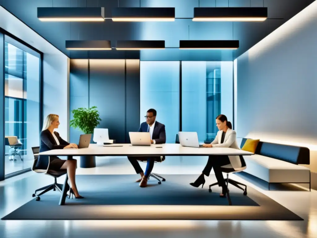 Innovación y colaboración en oficina moderna Incentivos fiscales para digitalización pymes: equipo profesional colaborando en una oficina moderna y dinámica, rodeados de tecnología contemporánea