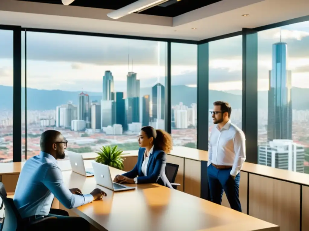 Innovación tecnológica en equipo: Colombia Incentivos tributarios innovación Colombia: Equipo diverso colabora en proyectos tecnológicos en oficina moderna, con vista a la ciudad