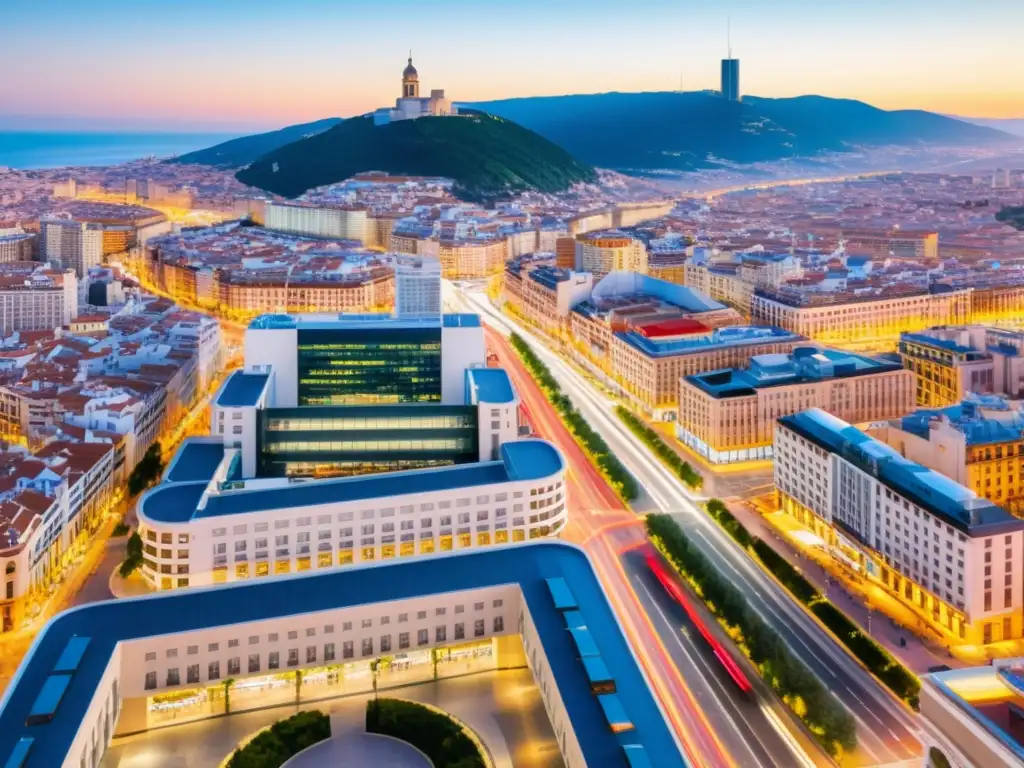 Vibrante ciudad española: modernización y tecnología en acción Increíble ciudad española moderna con rascacielos, calles llenas de vida y alta tecnología