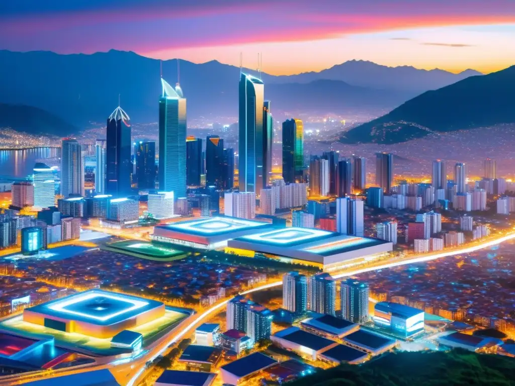 Horizonte futurista de la ciudad colombiana: innovación y tecnología en 8k Increíble skyline futurista de una ciudad colombiana con tecnología avanzada e innovación