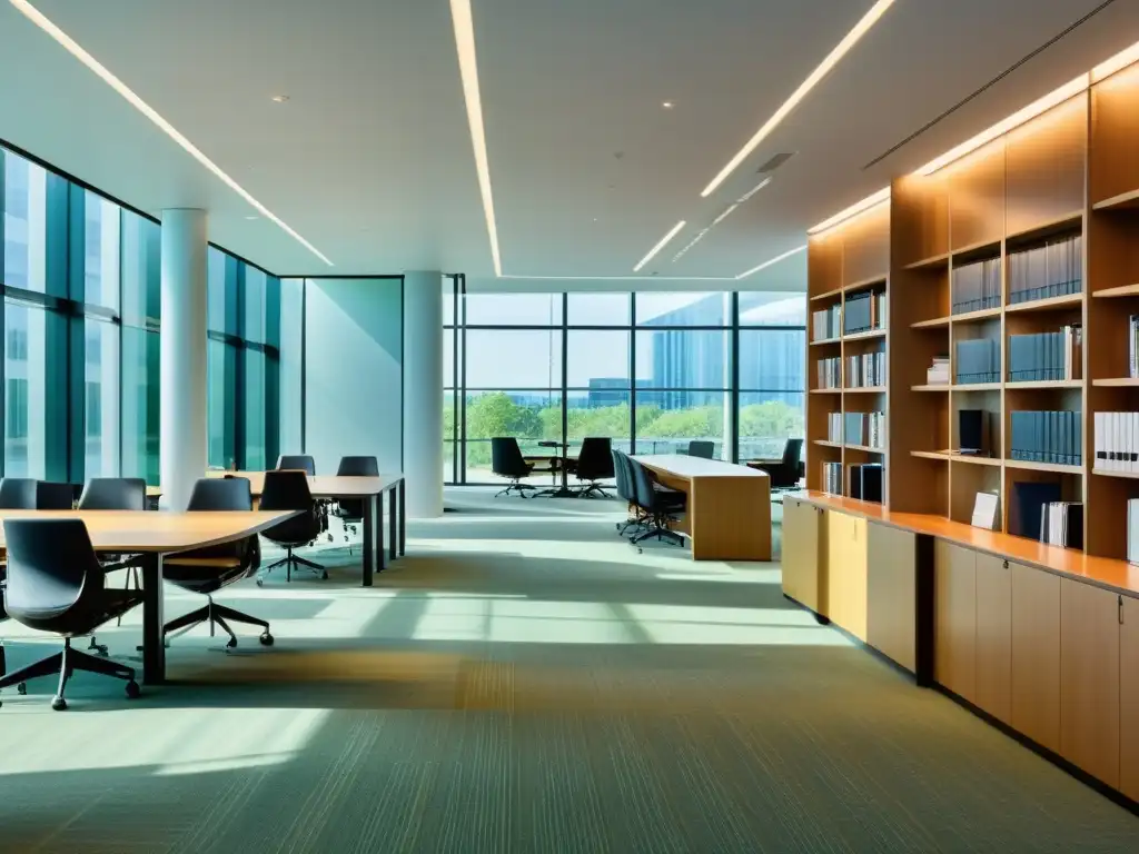 Moderna biblioteca fiscal: espacio dinámico y vanguardista Influencia de principios tributación asesoría fiscal en moderna biblioteca legal con diseño minimalista y profesionales en discusión y trabajo colaborativo en un entorno vanguardista y sofisticado