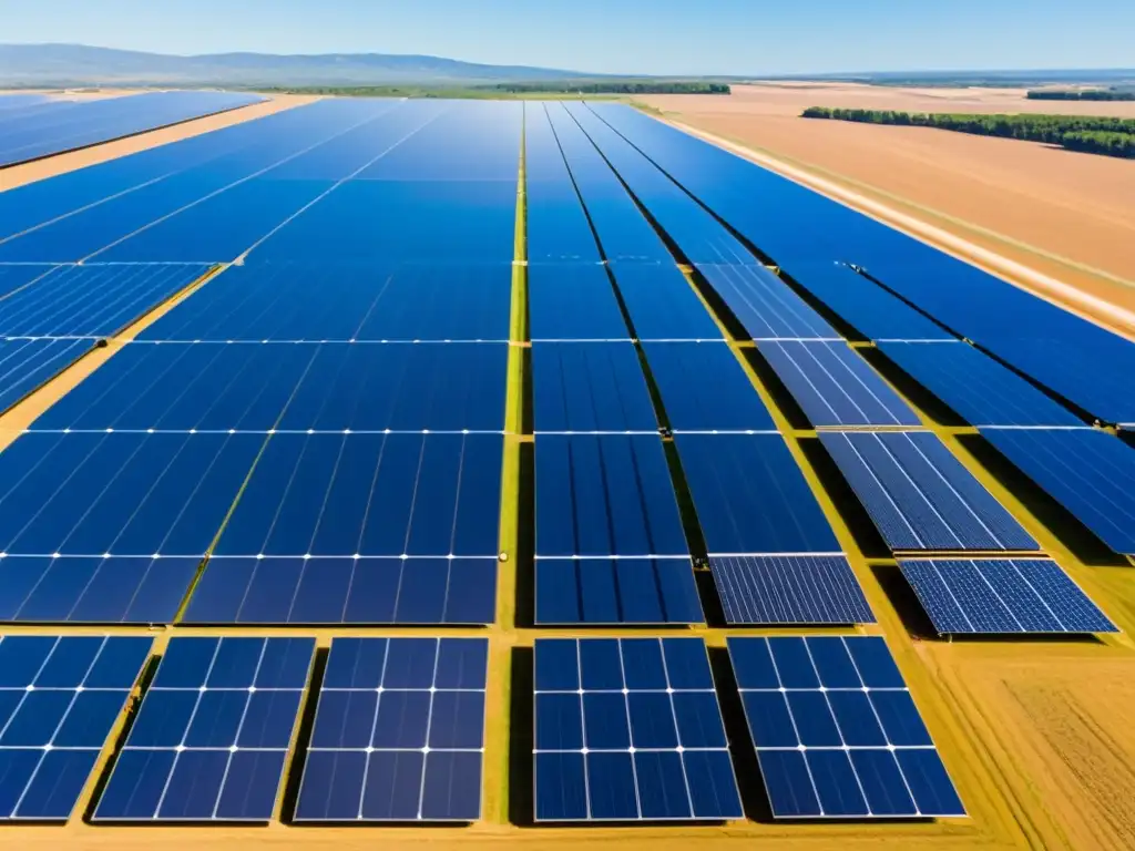 Granja solar: Innovación y sostenibilidad en acción Un inmenso campo solar se extiende bajo un cielo azul claro, con hileras de paneles solares brillando al sol