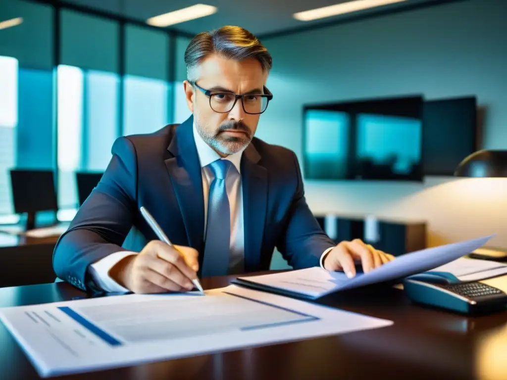 Inspector de impuestos revisando documentos financieros en oficina moderna Un inspector de Hacienda preparado revisa documentos financieros en una oficina moderna y elegante