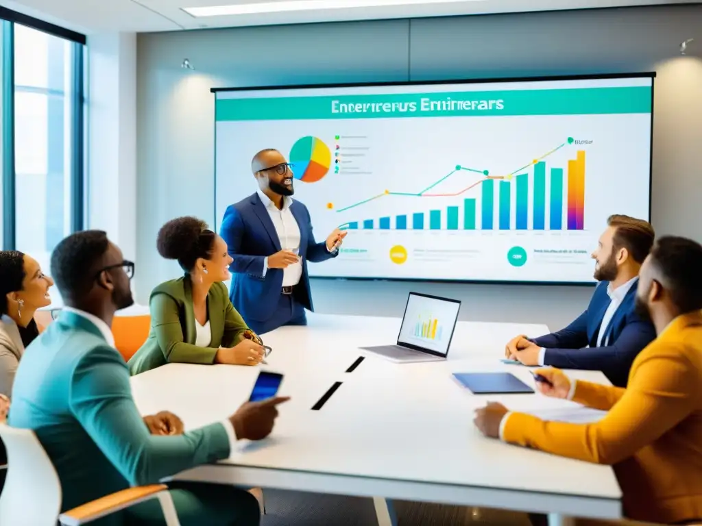 Fiscalidad para emprendedores: Aprendizaje colaborativo en acción Un instructor experto guía a emprendedores en un aula moderna y luminosa, colaborando y aprendiendo juntos en el curso de fiscalidad para emprendedores en la Universidad de Navarra