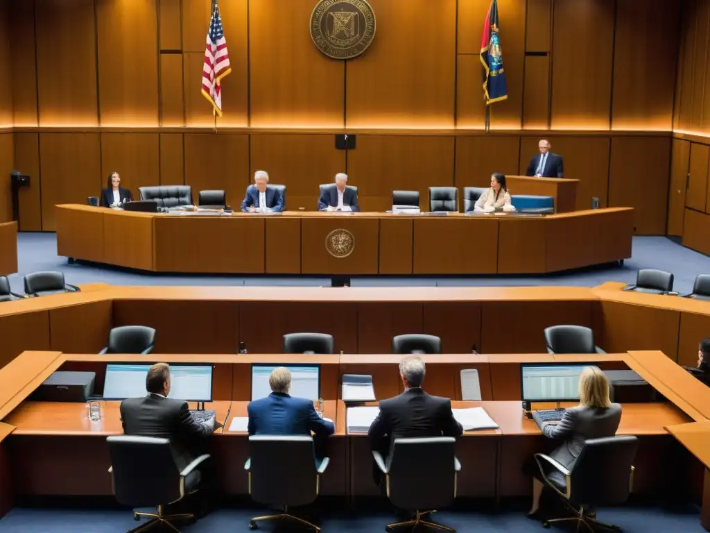 Escena impactante de juicio por evasión y elusión de impuestos Intensa audiencia en sala de tribunal con abogados, juez y documentos, reflejando la gravedad de casos de límites legales evasión elusión fiscal