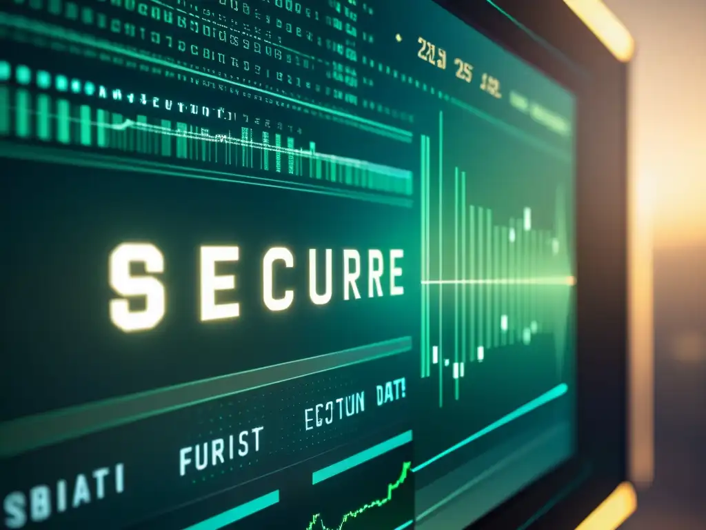 Interfaz financiera futurista y segura con patrones de encriptación Interfaz digital futurista y segura con datos financieros y patrones de encriptación, representando confidencialidad y confianza