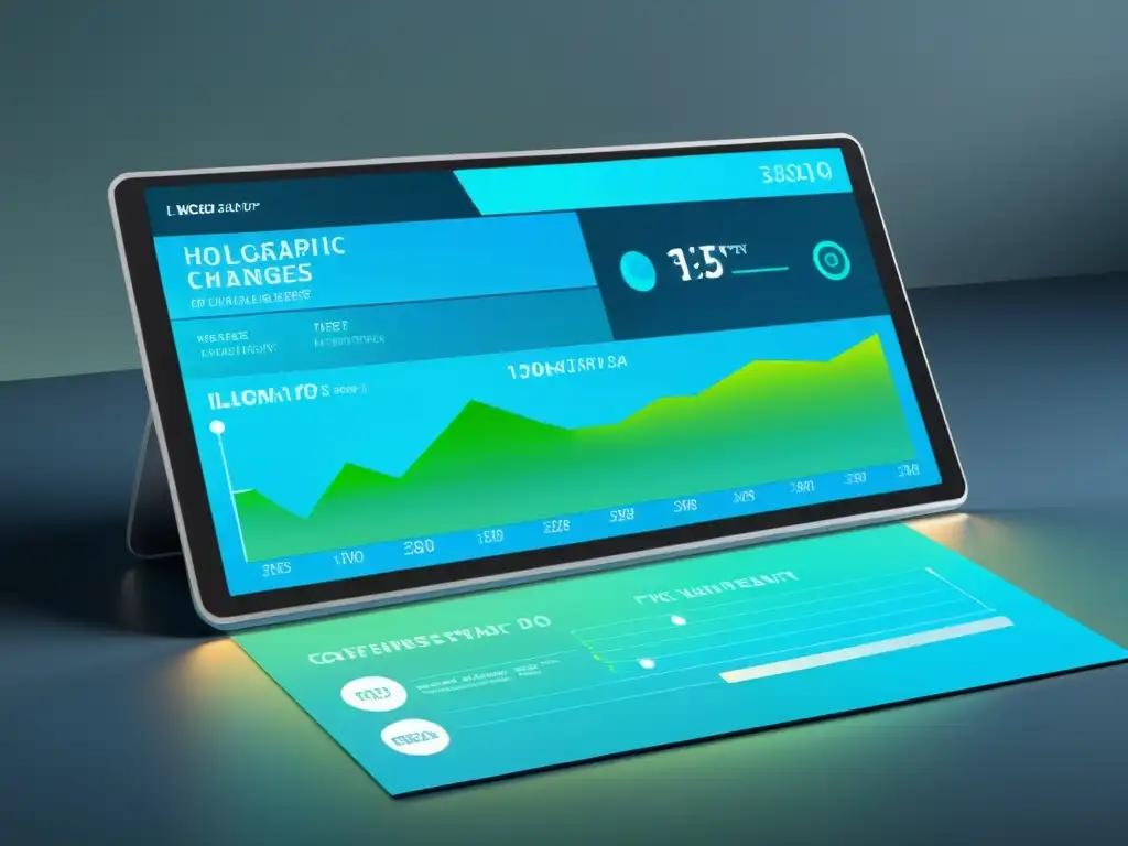 Interfaz futurista con gráficos holográficos de legislación fiscal en tiempo real Interfaz futurista de software con gráficos holográficos mostrando actualizaciones en legislación tributaria