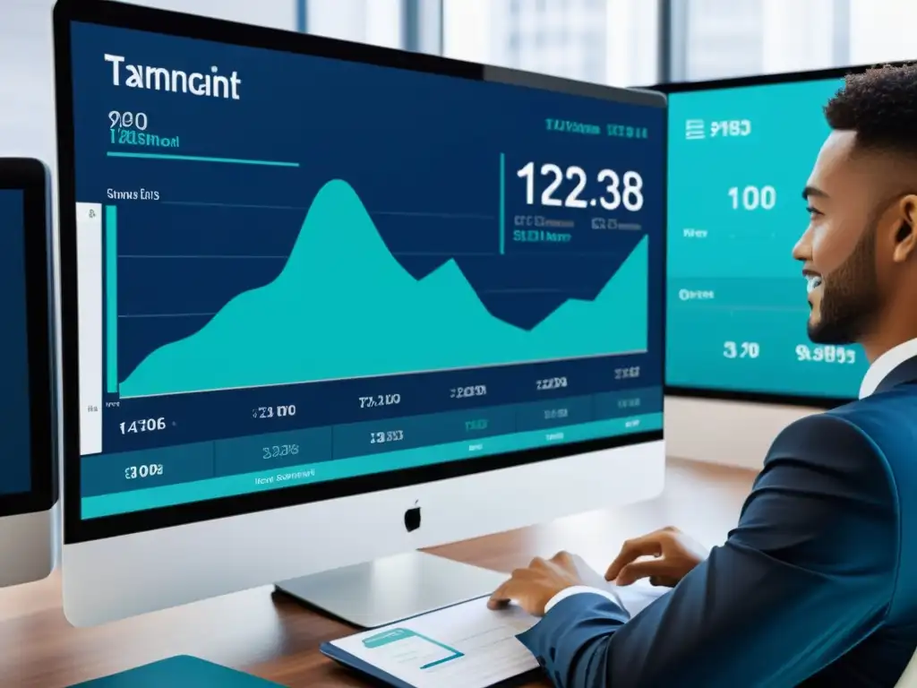 Interfaz futurista de gestión de impuestos Interfaz futurista de software de gestión tributaria personalizado con gráficos interactivos y diseño profesional en tonos de azul y plata