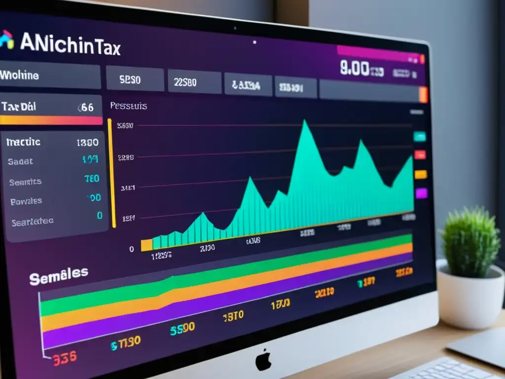 Interfaz futurista de gestión tributaria con IA y gráficos vibrantes Interfaz de software futurista con inteligencia artificial en gestión tributaria, gráficos vibrantes y herramientas de impuestos integradas