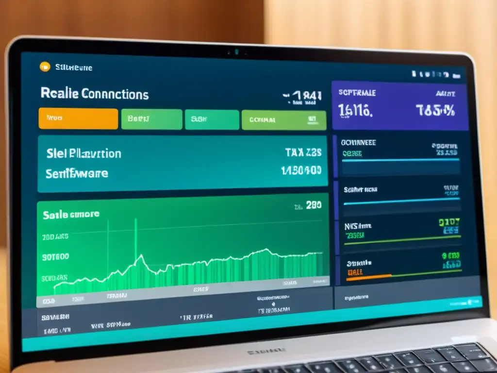 Interfaz moderna y dinámica de software financiero Interfaz de software moderna con actualizaciones fiscales y legislación tributaria en tiempo real, diseño minimalista y visualizaciones dinámicas