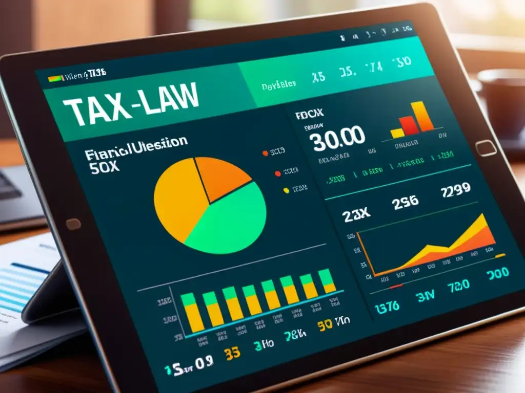 Actualizaciones de Leyes Fiscales: Gráficos detallados y diseño moderno Interfaz de software moderna y elegante mostrando actualizaciones de legislación tributaria con gráficos vibrantes y datos financieros