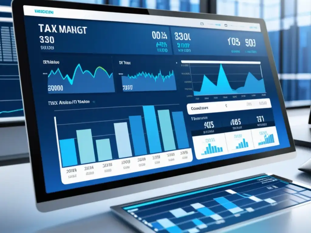 Interfaz financiera ultradetallada 8k para gestión eficiente de impuestos Interfaz de software gestión tributaria para decisiones, moderna y eficiente en tonos profesionales de azul y blanco