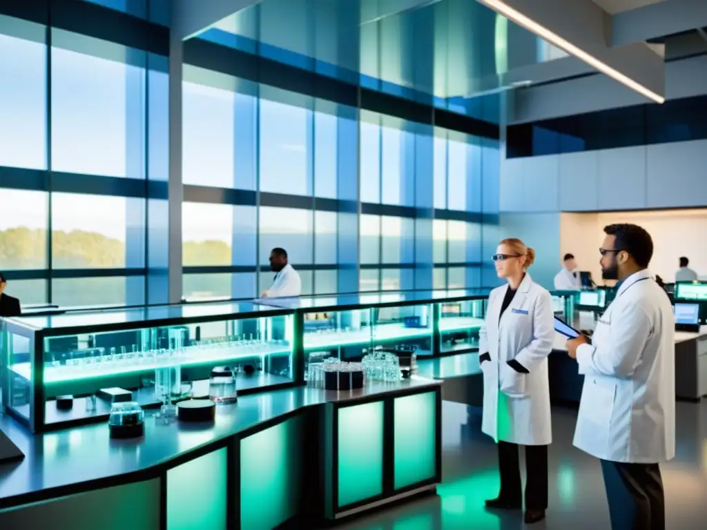 Avanzada biotecnología: laboratorio de vanguardia y equipo de científicos Un laboratorio de biotecnología moderno con científicos y equipo de vanguardia, iluminado por luz natural