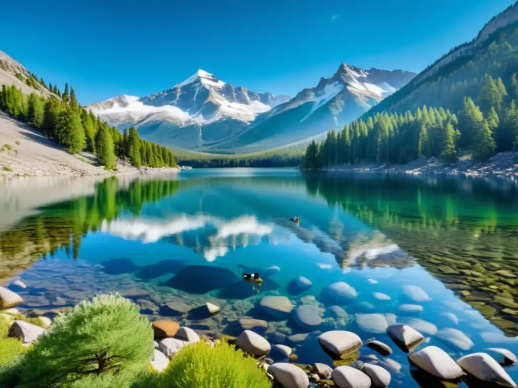 Lago de montaña cristalino: belleza natural en armonía Un lago de montaña cristalino reflejando picos nevados, con pinos verdes y un cielo azul