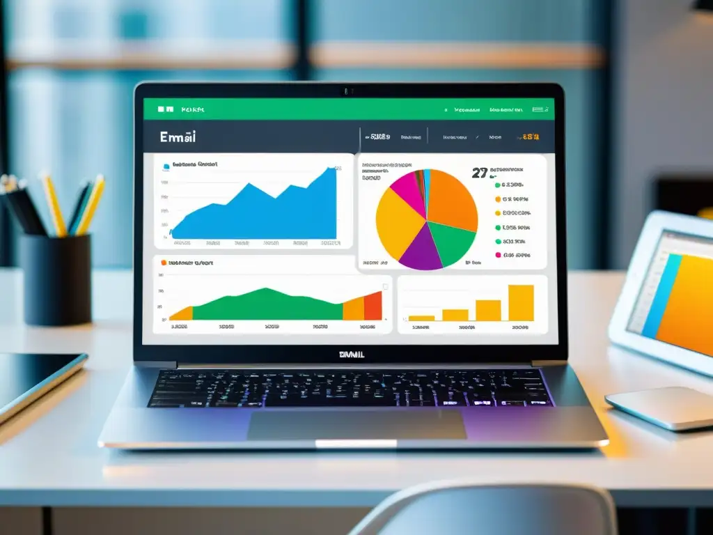 Dashboard de Email Marketing para Consultoría Fiscal Un laptop moderno muestra un vibrante dashboard de boletines electrónicos consultoría tributaria, en un entorno profesional y dinámico