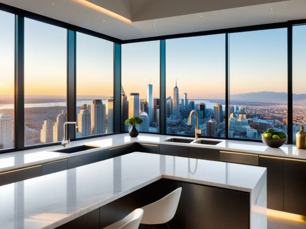 Cocina moderna de lujo con vistas a la ciudad Una lujosa cocina moderna con elegantes encimeras de mármol blanco, electrodomésticos de acero inoxidable y vistas a la impresionante ciudad