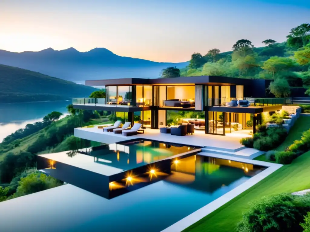 Espectacular mansión moderna con piscina infinita y vistas al lago Una lujosa mansión moderna en la cima de una colina, rodeada de exuberante vegetación y con vista a un sereno lago