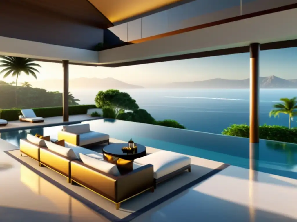 Residencia de lujo con piscina y vistas al mar Una lujosa mansión moderna con piscina y jardines, rodeada de palmeras y con vista al mar