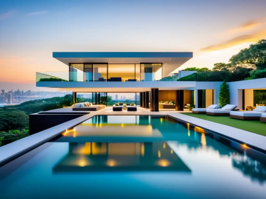 Mansión de lujo: diseño moderno y exuberante entorno Una lujosa mansión moderna rodeada de exuberante vegetación, con diseño arquitectónico elegante y ventanas de piso a techo