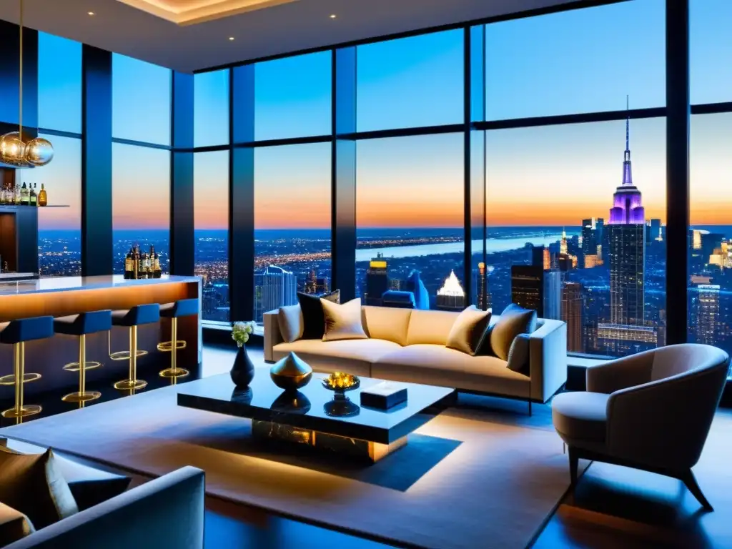 Salón de lujo con vistas a la ciudad y ambiente sofisticado Una lujosa sala de estar moderna con vista a la ciudad