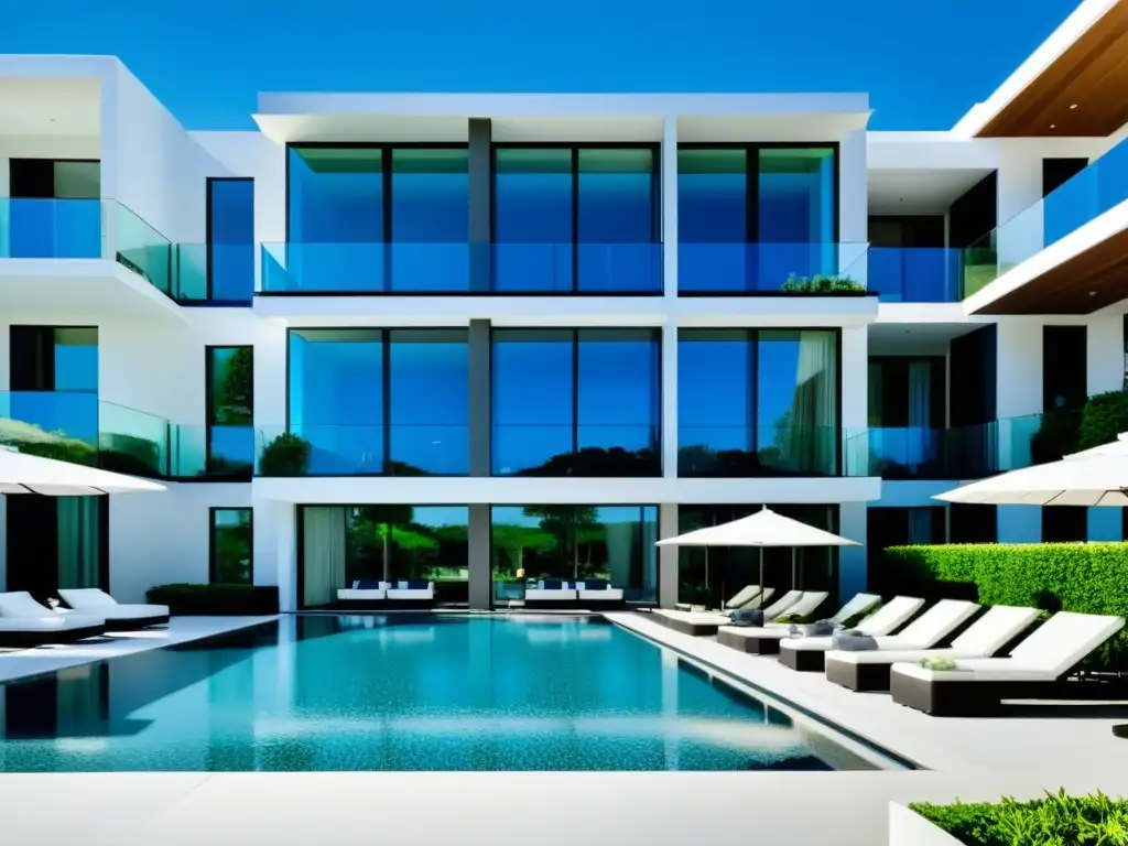 Condominio de lujo: piscina y paisaje exuberante Un lujoso complejo de condominios modernos con piscina y paisajes exuberantes