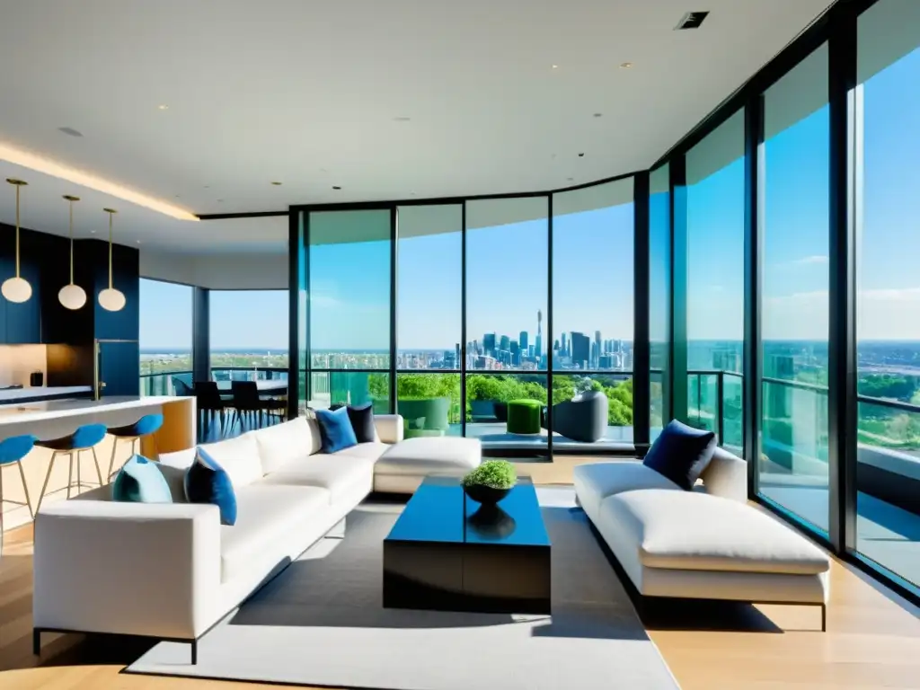 Edificio de lujo con vistas a la ciudad y espacios modernos Un lujoso edificio de apartamentos moderno con ventanales de piso a techo y una terraza en la azotea con vistas a un bullicioso horizonte urbano
