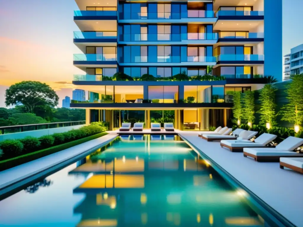 Edificio de apartamentos de lujo con vistas al atardecer Un lujoso edificio de apartamentos moderno con ventanas de piso a techo reflejando los tonos dorados del atardecer, rodeado de exuberante vegetación y una reluciente piscina