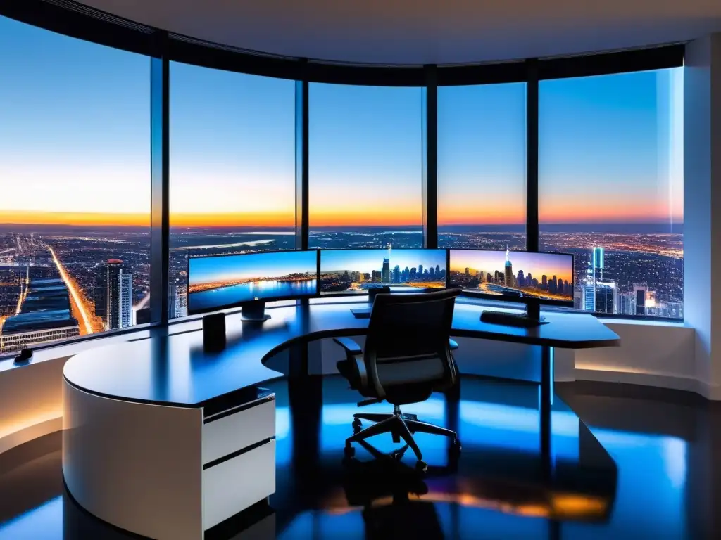 Escritorio de oficina moderno con vista panorámica de la ciudad Luminosa oficina con vista panorámica a la ciudad