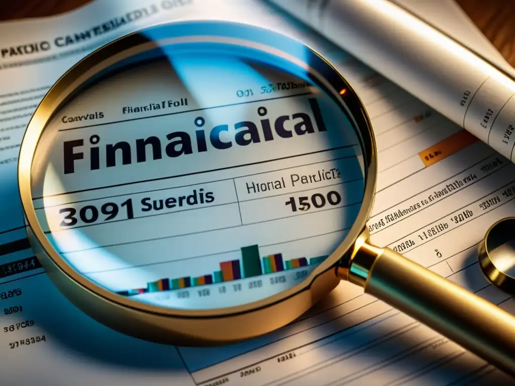 Examen detallado de documentos financieros bajo lupa Una lupa detallada examina minuciosamente documentos financieros, revelando verdades y falsedades sobre evasión fiscal