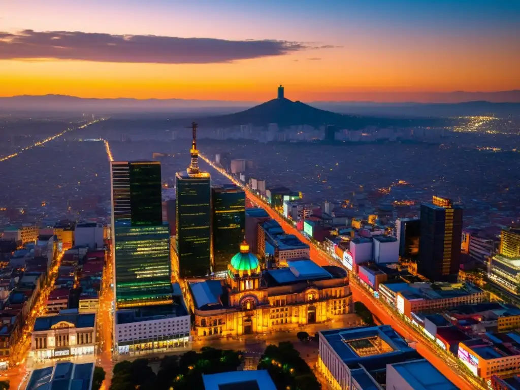 Atardecer deslumbrante sobre la Ciudad de México: Torre Latinoamericana y Torre Mayor destacan en el horizonte urbano La majestuosa Ciudad de México al atardecer, con la Torre Latinoamericana y la Torre Mayor destacando entre las luces de la ciudad