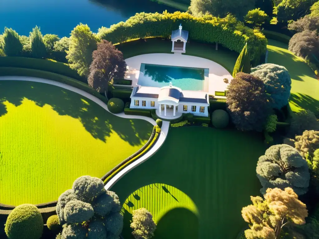 Esplendor opulento: Mansión de lujo entre jardines exuberantes Una majestuosa mansión rodeada de exuberante vegetación y jardines cuidados, bañada por la cálida luz dorada