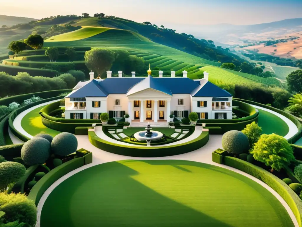 Esplendoroso patrimonio: planificación fiscal para grandes herencias Una majestuosa mansión rodeada de exuberantes jardines y diseño arquitectónico impresionante, evocando opulencia y grandiosidad