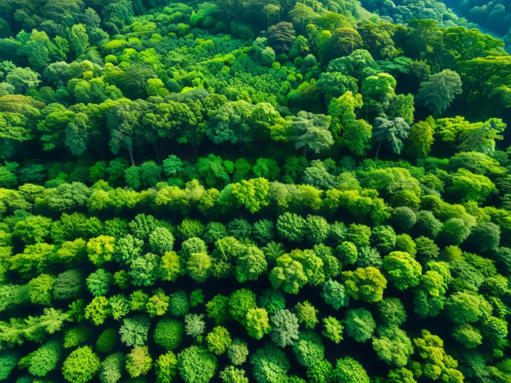 Esplendor verde: Bosque exuberante desde el aire Un majestuoso bosque verde con luz solar filtrándose entre las hojas