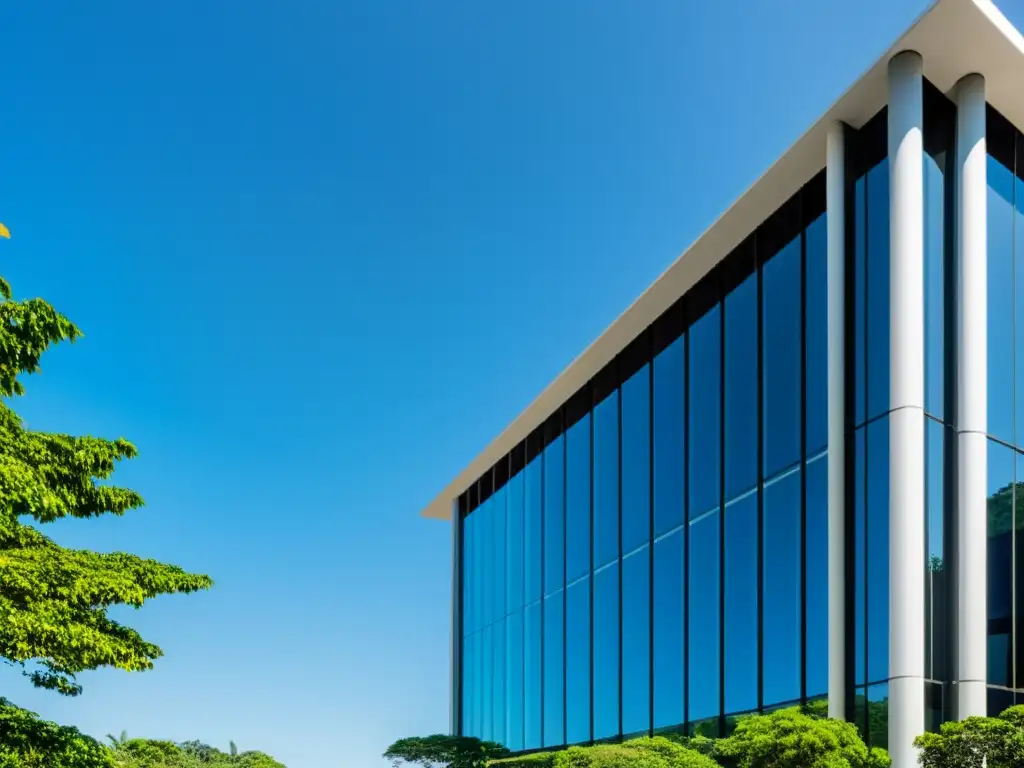 Imponente tribunal moderno rodeado de vegetación Un majestuoso juzgado moderno, con paredes de cristal y diseño arquitectónico impactante, rodeado de exuberante vegetación