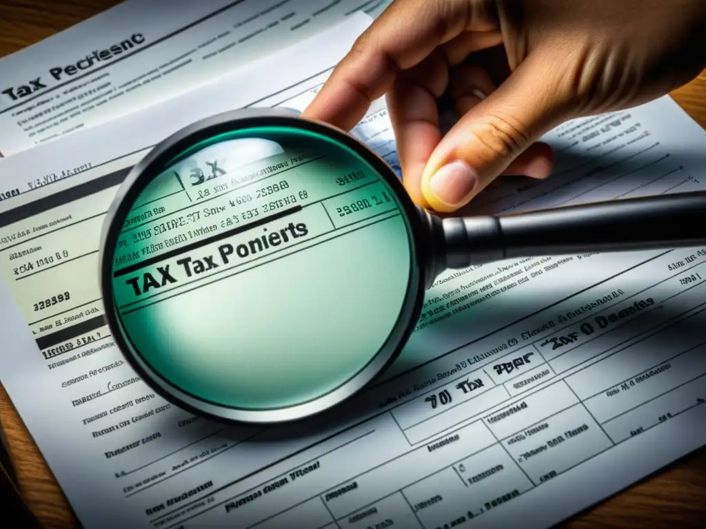 Examen minucioso de documentos fiscales con lupa Mano experta examina documentos fiscales con lupa, destacando detalles