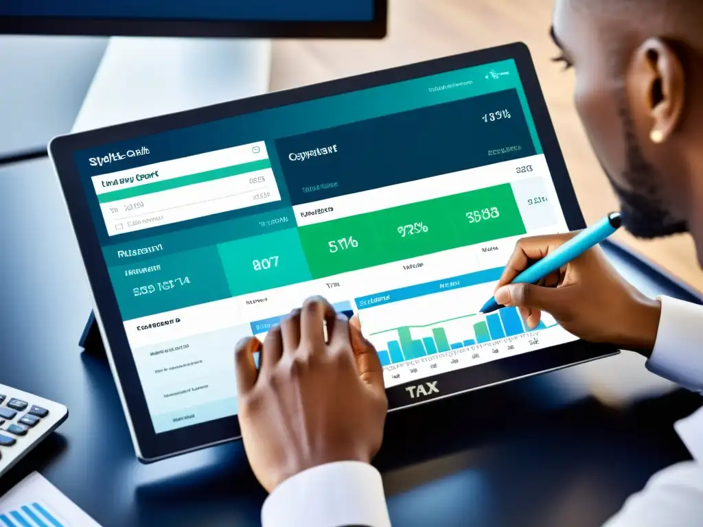 Interfaz de software de gestión de impuestos: eficiente y amigable Una mano usando un software de gestión tributaria con diseño intuitivo y moderno en un monitor de alta resolución