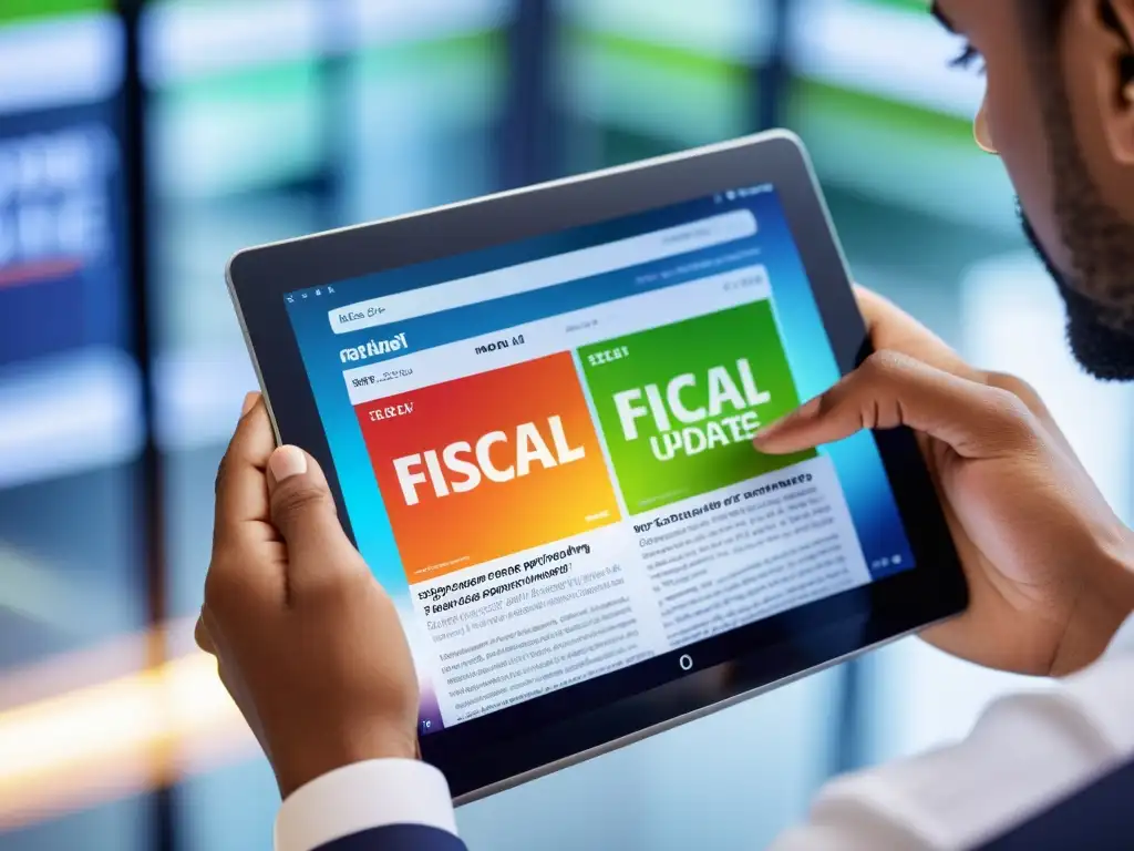 Tableta moderna mostrando revista digital de actualización fiscal Mano deslizando sobre tablet moderna con revista digital de Mejores revistas actualización fiscal 2023 en pantalla vibrante