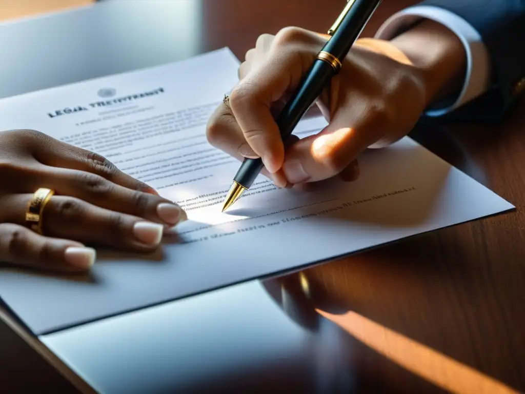 Firma de tratado fiscal internacional con elegancia y precisión Mano firmando tratado fiscal internacional con elegancia y experiencia en planificación fiscal para expatriados