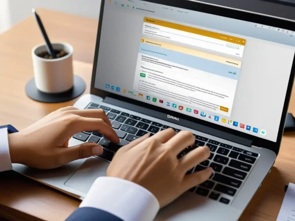 Guía paso a paso para DIAN: manos escribiendo en laptop Manos escribiendo en laptop con guía para Reporte de Información en Medios Magnéticos DIAN, en ambiente profesional y enfocado