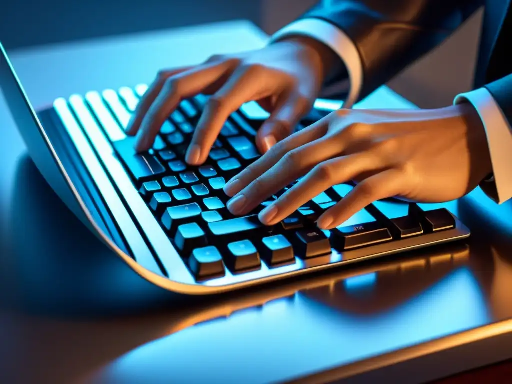 Detalles impresionantes de teclado moderno en acción Manos escribiendo en teclado moderno con detalles y reflejos