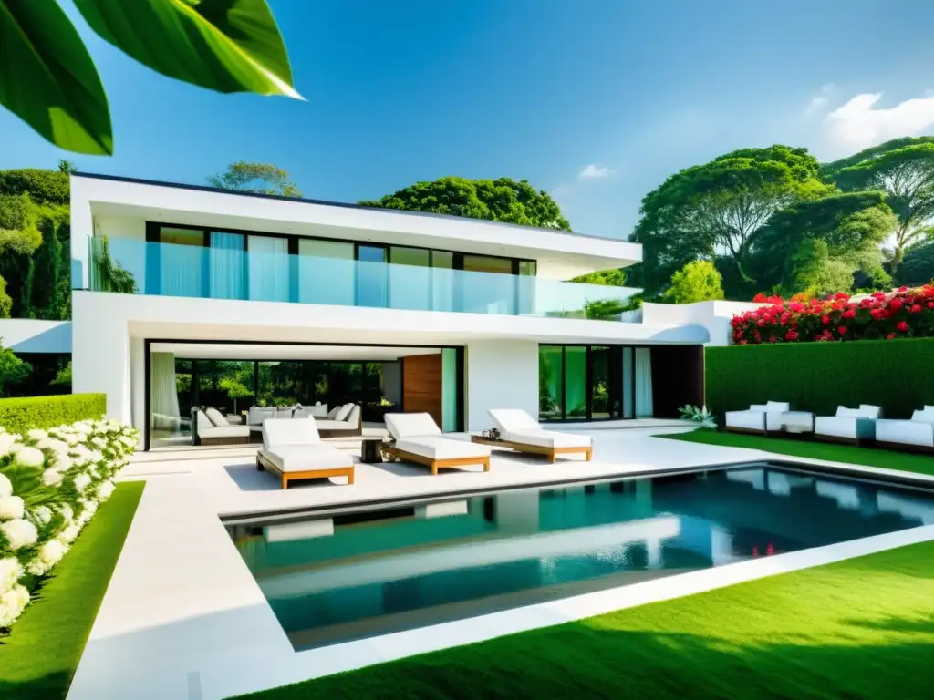 Residencia de lujo con jardín exuberante y piscina Una mansión moderna de lujo con jardín cuidado, piscina y patio elegante