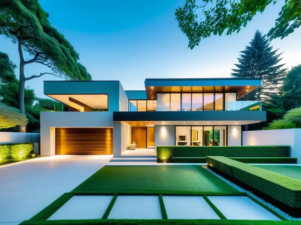 Lujosa mansión moderna con jardín exuberante y diseño contemporáneo Una mansión moderna de lujo con diseño arquitectónico elegante y jardín exuberante, rodeada de altos setos