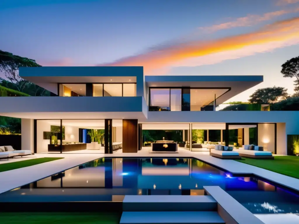 Residencia de lujo: arquitectura moderna y jardines exquisitos Una mansión moderna rodeada de exuberantes jardines y espacios al aire libre