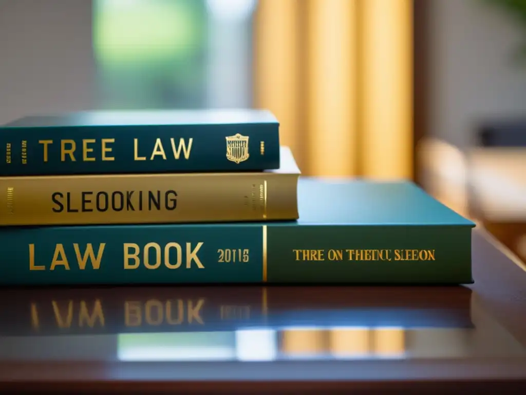 Libros de ley modernos en escritorio minimalista Tres manuales de derecho tributario recomendados, modernos y elegantes, sobre un escritorio minimalista iluminado por luz natural