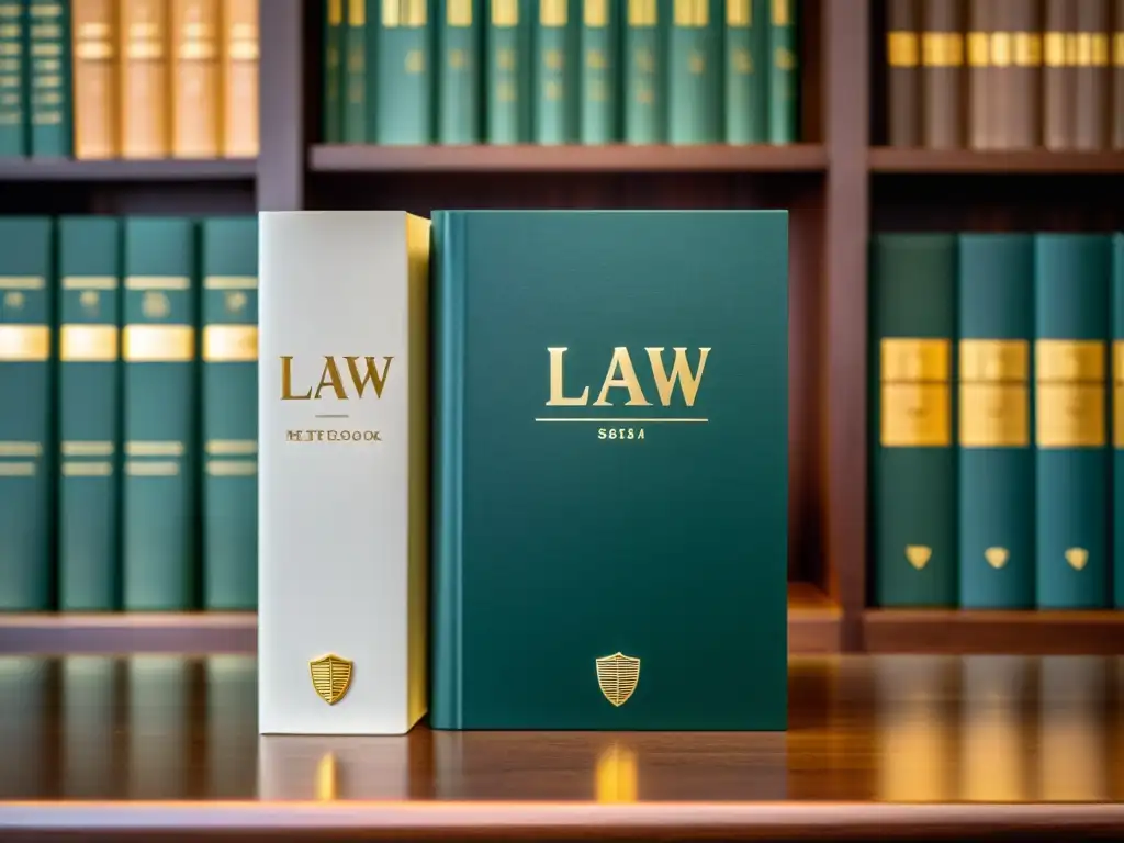 Libros de Leyes Modernos en 8K Manuales de derecho tributario recomendados: Tres elegantes libros de ley con diseño moderno en un escritorio de madera pulida en una atmósfera académica refinada