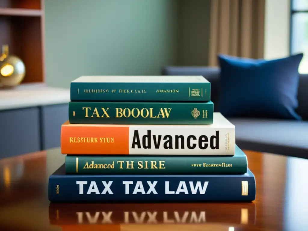 Textos avanzados de derecho tributario: estudio enfocado Manuales de derecho tributario recomendados: Tres libros de derecho tributario avanzado ordenados en un escritorio moderno, iluminados por luz natural